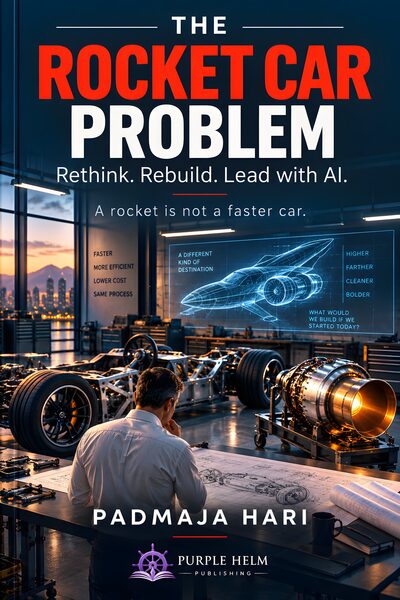 Cover of The Rocket Car Problem: Rethink. Rebuild. Lead with AI., by Padmaja Hari